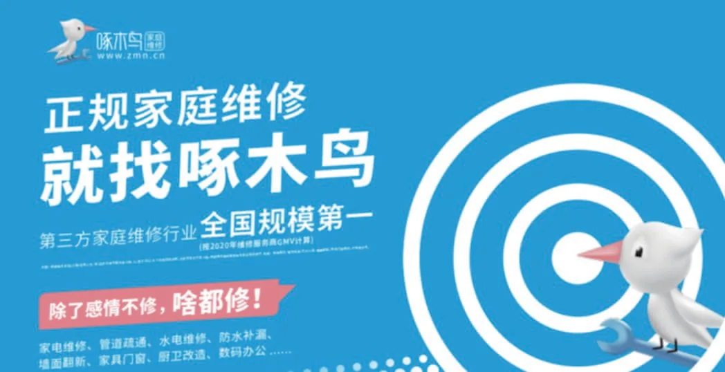 家庭啄木鸟维修电梯海报主视觉：正规家庭维修就找啄木鸟